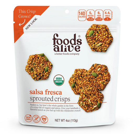Foods Alive Salsa Fresca Sprouted Crisps, 4 oz, front of pouch