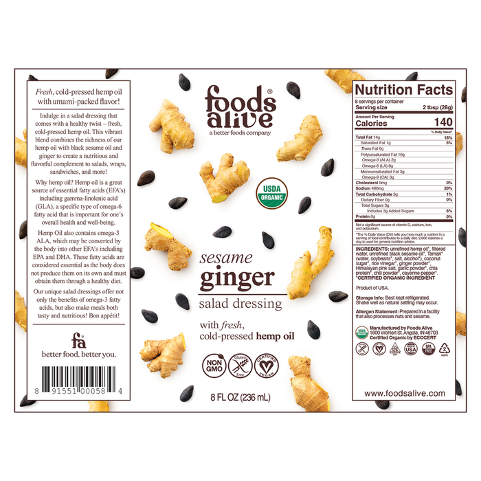 Foods Alive Sesame Ginger Salad Dressing 8 fl oz full label