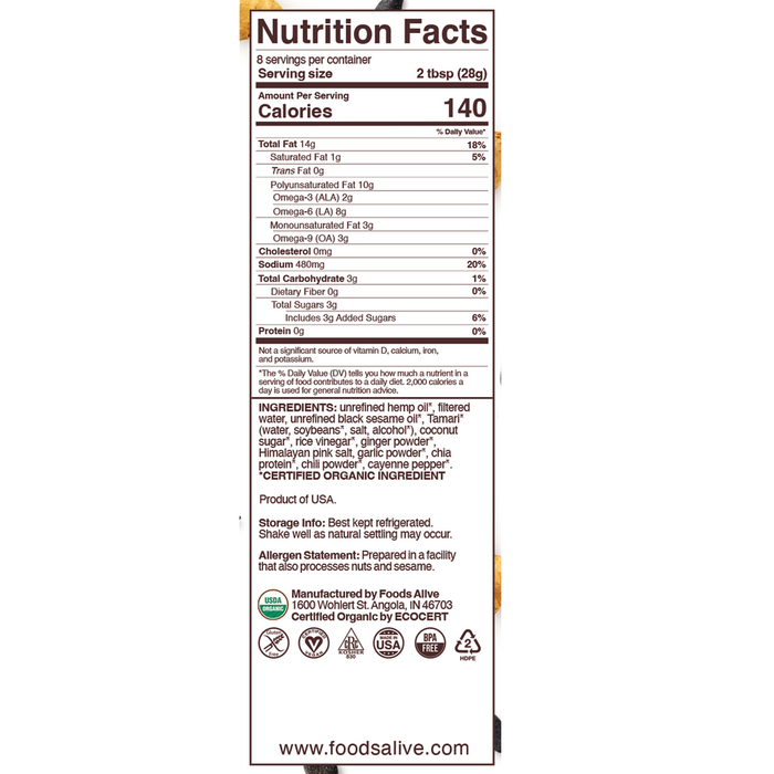 Foods Alive Sesame Ginger Salad Dressing 8 fl oz nutrition facts label