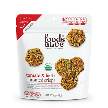 Foods Alive Tomato & Herb Sprouted Crisps, 4 oz, front of pouch