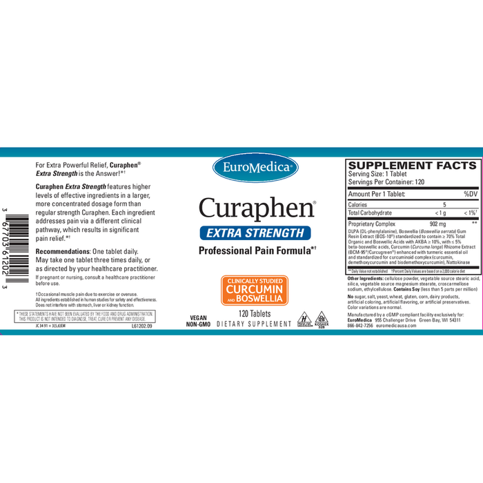 Label of EuroMedica Curaphen Extra Strength supplement with supplement facts and ingredients listed.