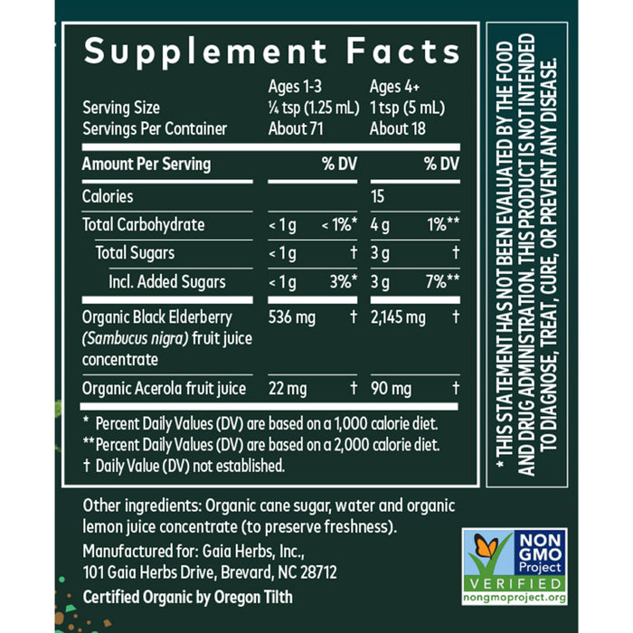 Gaia Herbs Black Elderberry Syrup Extra Strength 3 fl oz supplement facts label