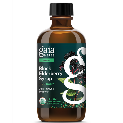 Gaia Herbs Black Elderberry Syrup Kids Daily, 3 fl oz, front of bottle