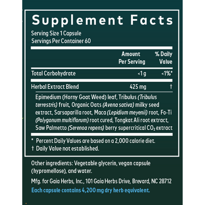 Gaia Herbs Male Libido 60 liquid phyto-caps supplement facts label