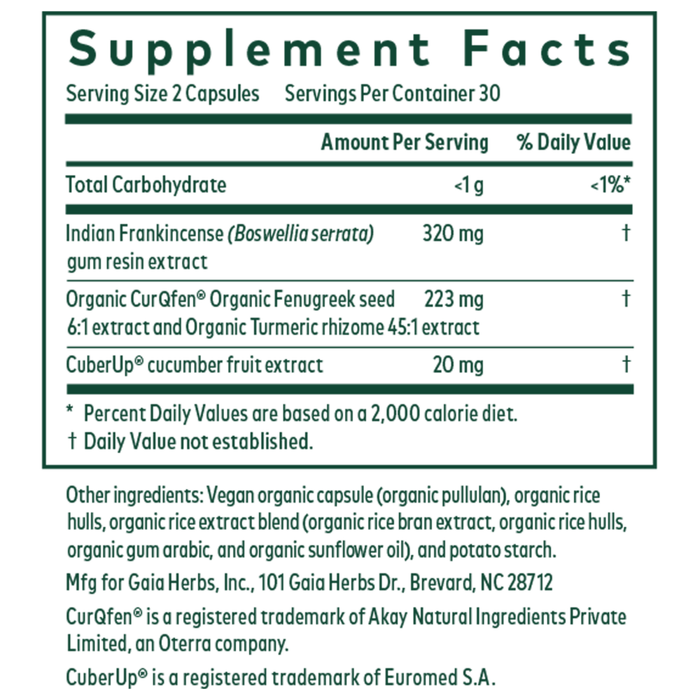 Gaia Herbs PRO Boswellia Joint Formula 60 capsules supplement facts label