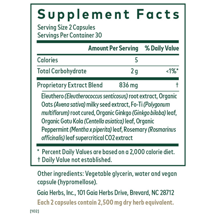 Gaia Herbs PRO Cognitive Formula 60 liquid phyto-caps supplement facts label