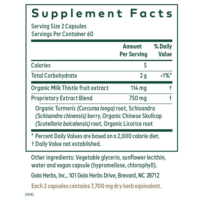 Gaia Herbs PRO Daily Liver Pro 120 liquid phyto-caps supplement facts label
