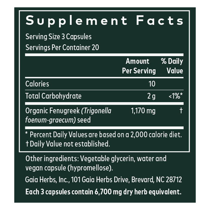 Gaia Herbs PRO Fenugreek 1170 mg 60 liquid phyto-caps supplement facts label