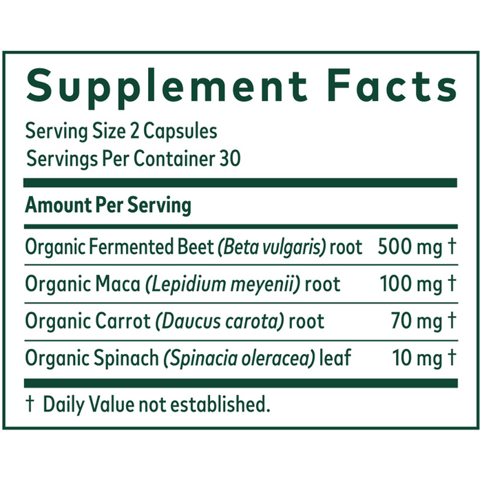 Gaia Herbs PRO Fermented Beet & Maca 60 capsules supplement facts label