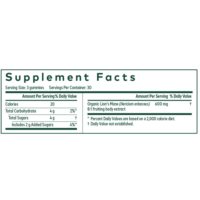 Gaia Herbs PRO Lion's Mane 600 mg 90 gummies supplement facts label