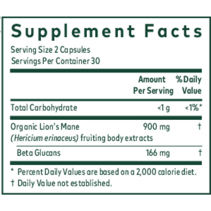 Gaia Herbs PRO Lion's Mane Mushroom 900 mg 60 capsules supplement facts label