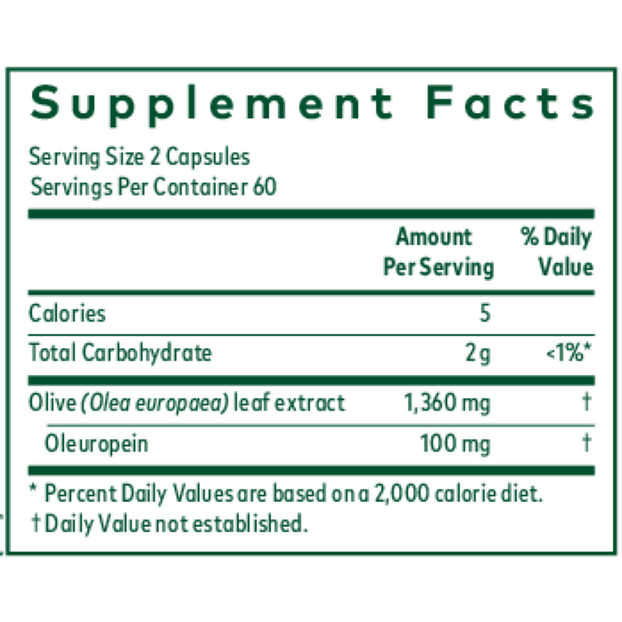 Gaia Herbs PRO Olive Leaf 1360 120 liquid phyto-caps supplement facts label