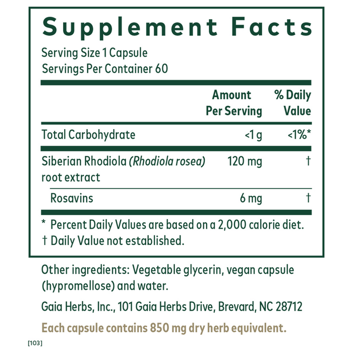 Gaia Herbs PRO Rhodiola 120 mg 60 liquid phyto-caps supplement facts label