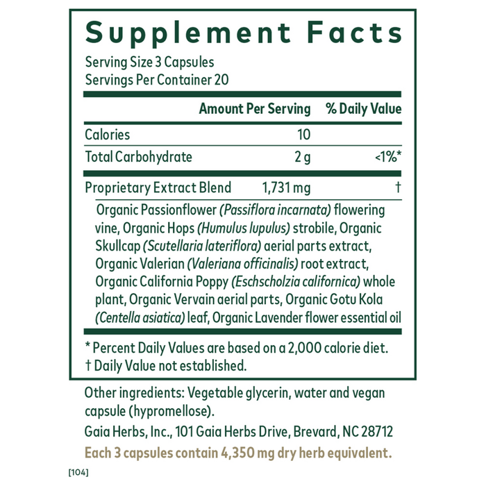 Gaia Herbs PRO Sleep Formula 60 capsules supplement facts label