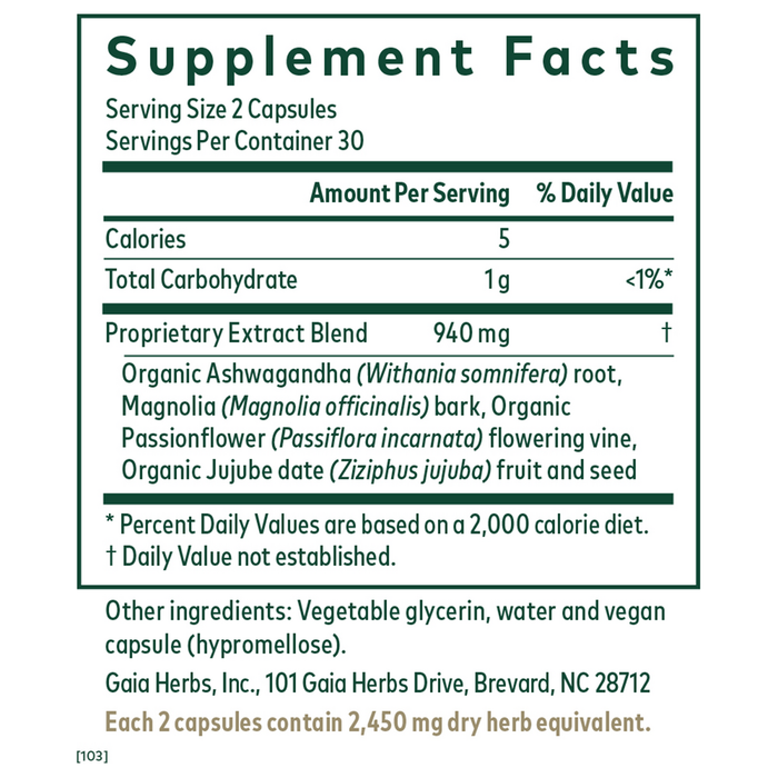 Gaia Herbs PRO Sleep Maintenance 60 liquid phyto-caps supplement facts label