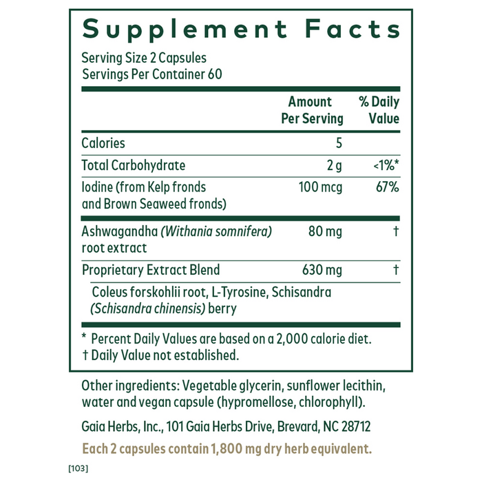 Gaia Herbs PRO Thyroid Formula 120 liquid phyto-caps supplement facts label