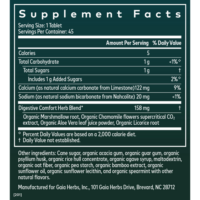 Gaia Herbs Reflux Relief 45 tablets supplement facts label
