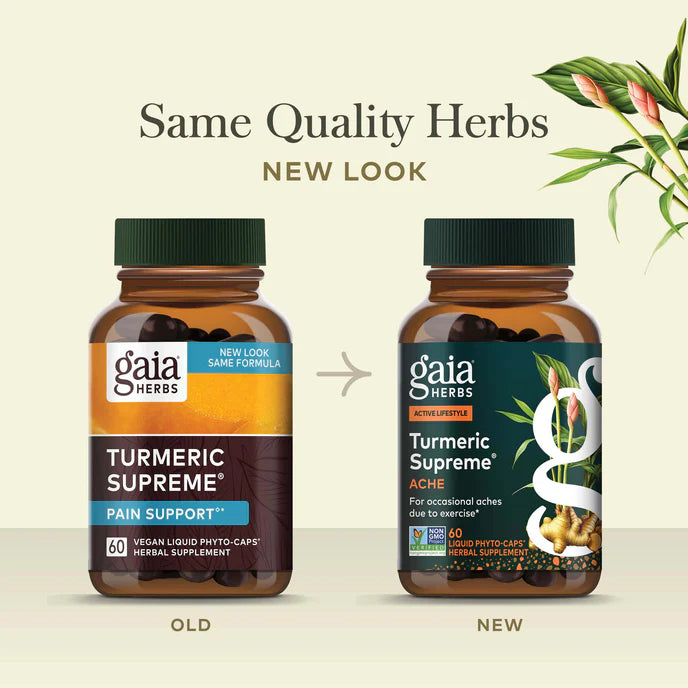 Gaia Herbs Turmeric Supreme Ache new packaging comparison graphic