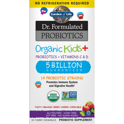 Garden of Life Dr. Formulated Probiotics Organic Kids+ Shelf-Stable Berry Cherry, 30 chewables, front of box