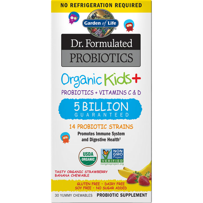 Garden of Life Dr. Formulated Probiotics Organic Kids+ Shelf-Stable Strawberry Banana, 30 chewables, front of box