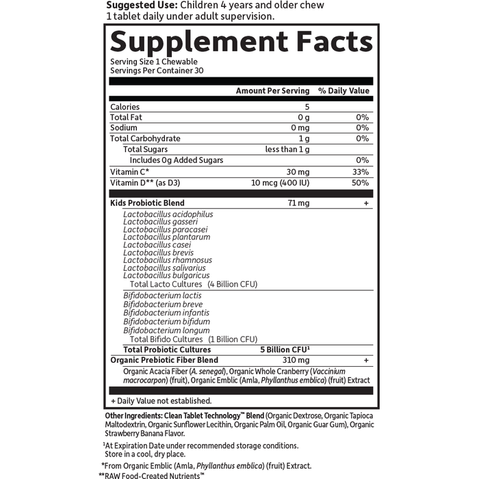 Garden of Life Dr. Formulated Probiotics Organic Kids+ Shelf-Stable Strawberry Banana 30 chewables supplement facts label