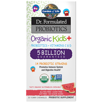 Garden of Life Dr. Formulated Probiotics Organic Kids+ Shelf-Stable Watermelon, 30 chewables, front of box