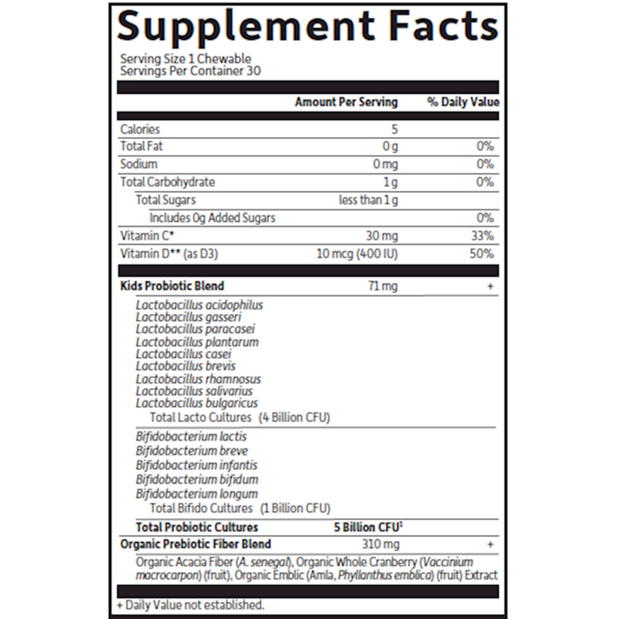 Garden of Life Dr. Formulated Probiotics Organic Kids+ Shelf-Stable Watermelon 30 chewables supplement facts label