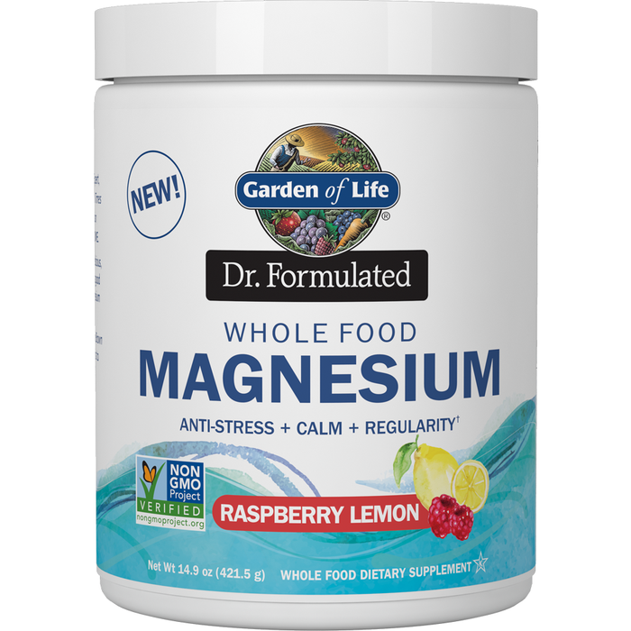 Garden of Life Dr. Formulated Whole Food Magnesium Raspberry Lemon, 14.9 oz, front of tub