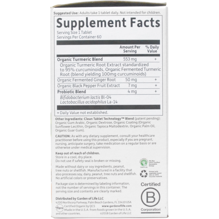 Garden of Life mykind Organics Extra Strength Turmeric 60 tablets supplement facts label