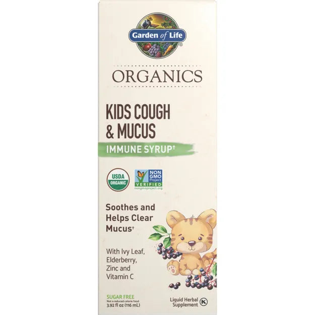 Garden of Life mykind Organics Kids Cough & Mucus Immune Syrup, 3.92 fl oz, front of box
