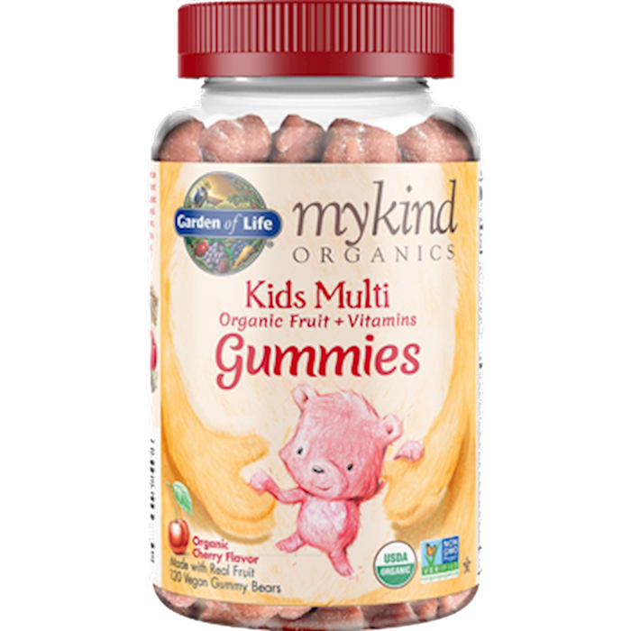 Garden of Life mykind Organics Kids Multi Cherry Gummies, 120 gummy bears, front of bottle