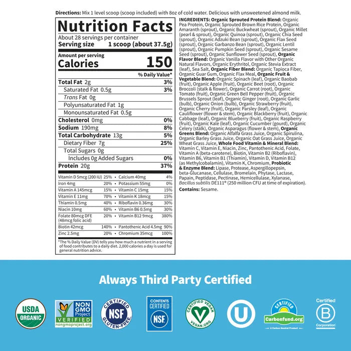 Garden of Life RAW Organic Meal Vanilla 28 servings nutrition facts label