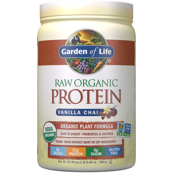 Garden of Life RAW Organic Protein Vanilla Chai, 20 servings, front of tub