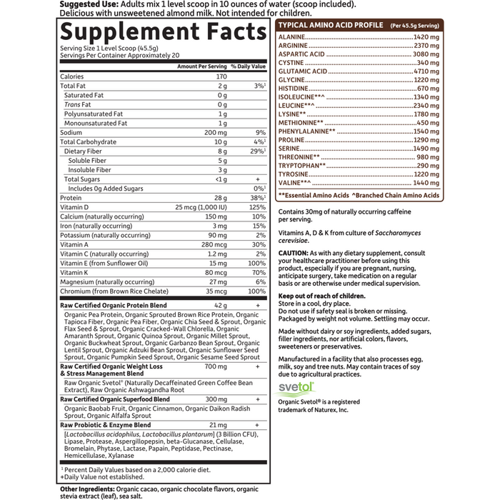 Garden of Life Sport RAW Organic Fit Protein, Chocolate supplement facts label