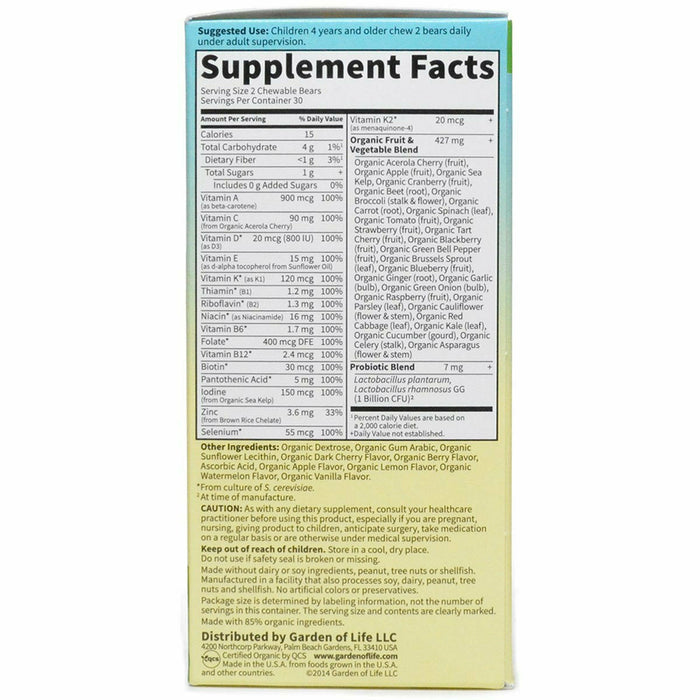 Garden of Life Vitamin Code Kids Chewable Multi 60 chewable tablets supplement facts label