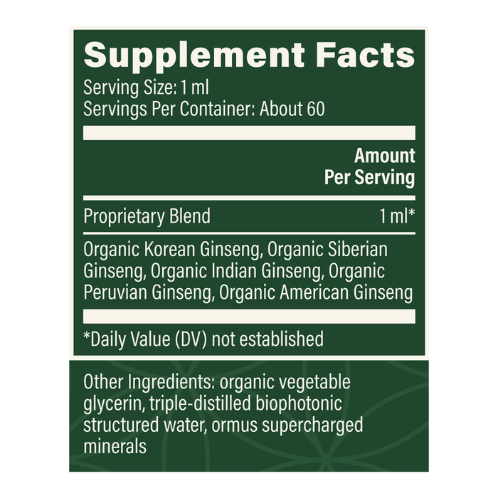 Global Healing 5 Ginseng 2 fl oz supplement facts label