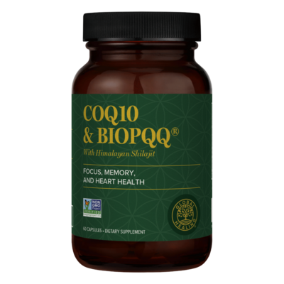 Global Healing CoQ10 & BioPQQ with Himalayan Shilajit, 60 capsules, front of bottle