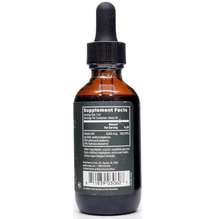Global Healing Vitamin B12 Blend 5,000 mcg 2 fl oz supplement facts label, second view