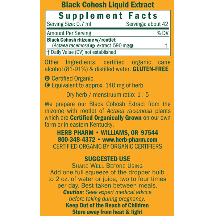 Herb Pharm Black Cohosh 1 fl oz label with supplement facts and suggested use