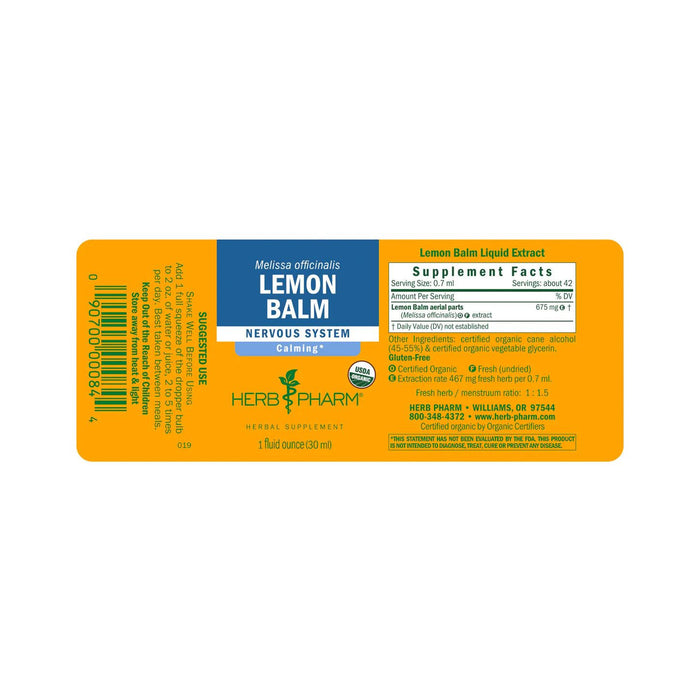 Herb Pharm Lemon Balm supplement facts label