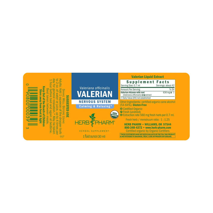 Herb Pharm Valerian supplement facts label