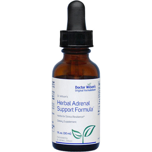 A bottle of Herbal Adrenal Support Formula by Doctor Wilson's Original Formulations with a dropper cap.