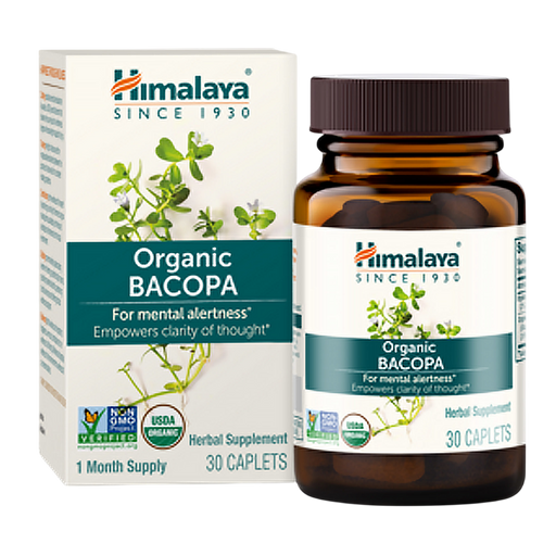 Himalaya Wellness Organic Bacopa, 30 caplets, front of box and bottle