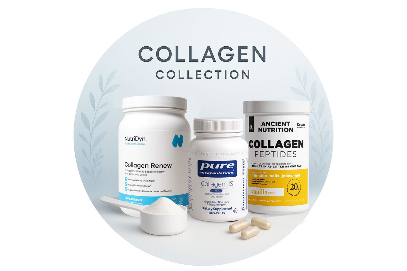 Collagen collection with various supplement bottles on a light gray background