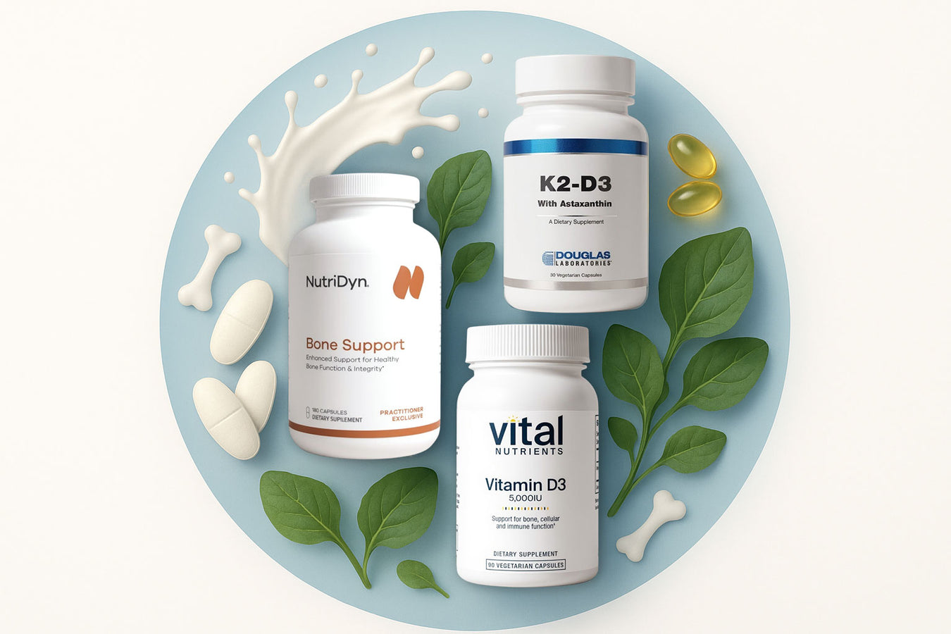 Bone health vitamins and supplements with leaves and a splash of milk on a light blue background