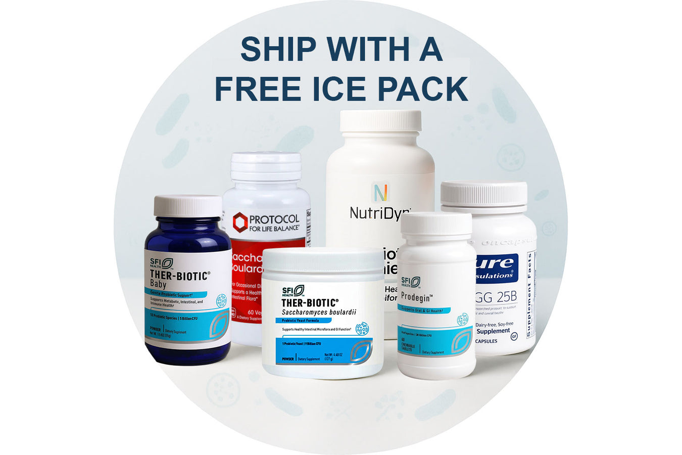 Collection of supplement bottles with a free ice pack offer on a white background
