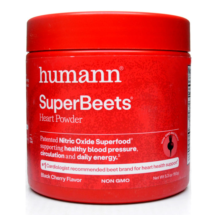 Red container of humann SuperBeets Heart Powder on a white background