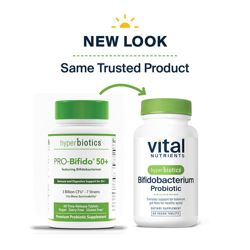 Vital Nutrients, Hyperbiotics Bifidobacterium 50+ Probiotic new look, same trusted product