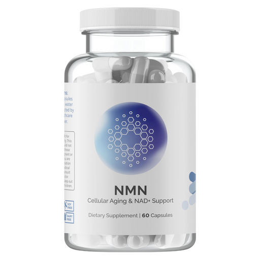 Supplement container labeled 'NMN' with a white lid on a white background