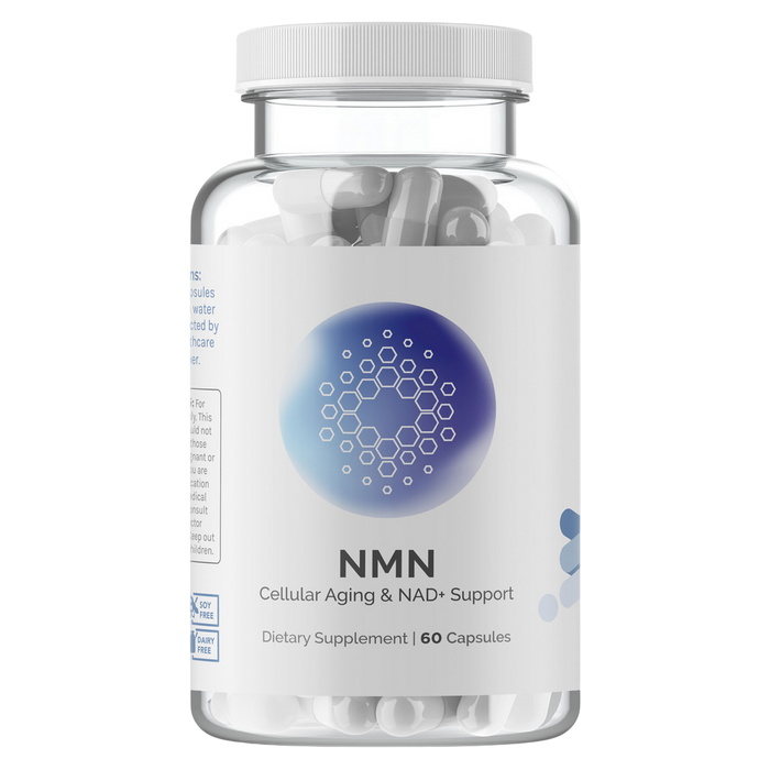 Supplement container labeled 'NMN' with a white lid on a white background